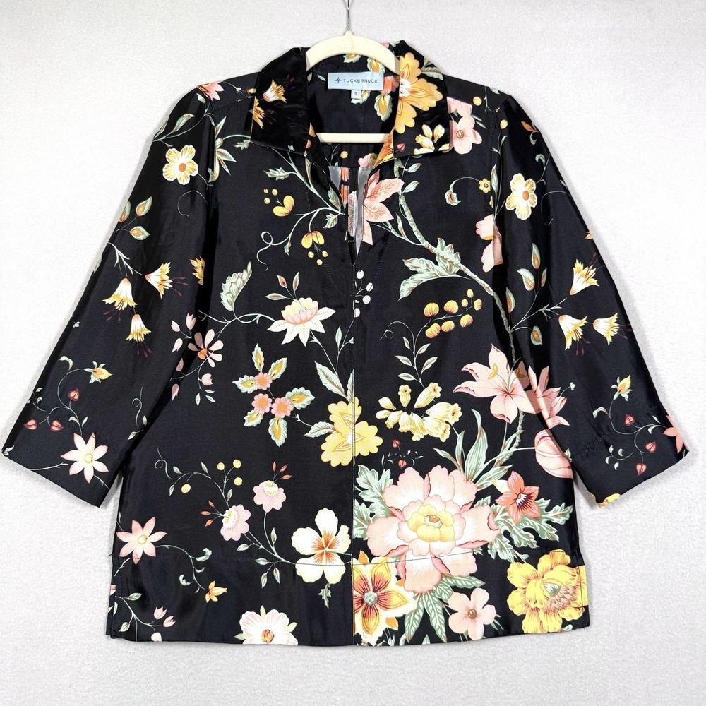 Tuckernuck Top Womens Small Margot Popover Black Floral Blouse Tunic Garden